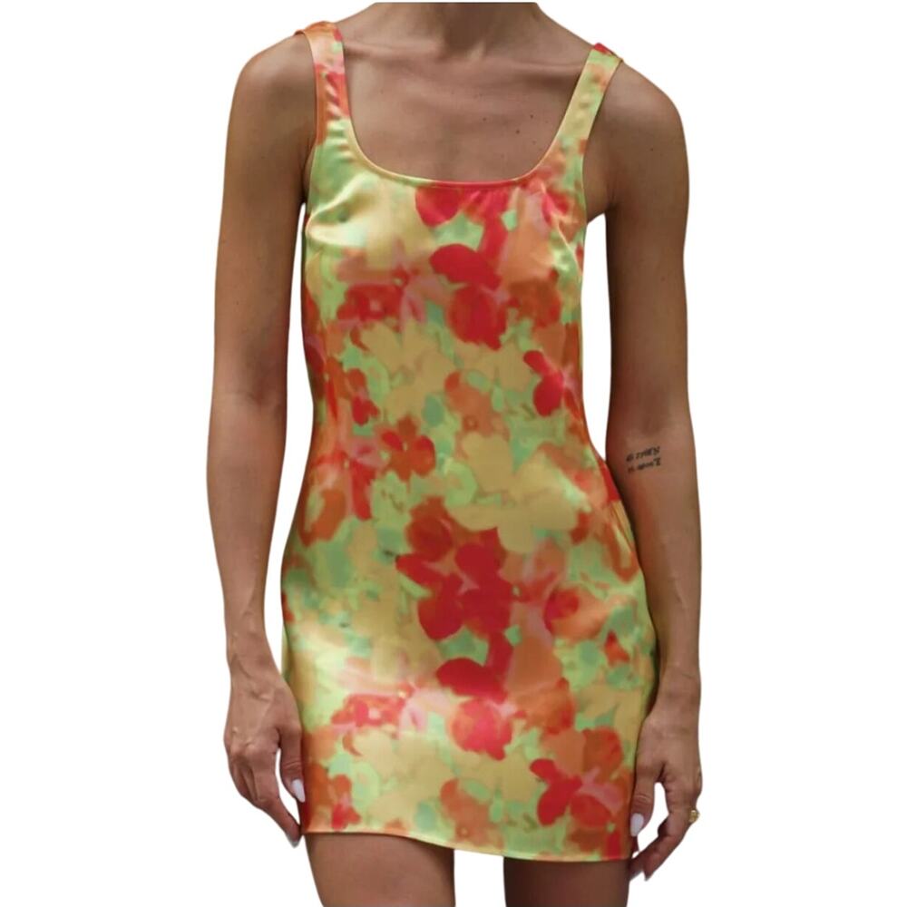 Rumored Monaco Mini Dress Bohemia Satin Tank Green Red Yellow Watercolor Small